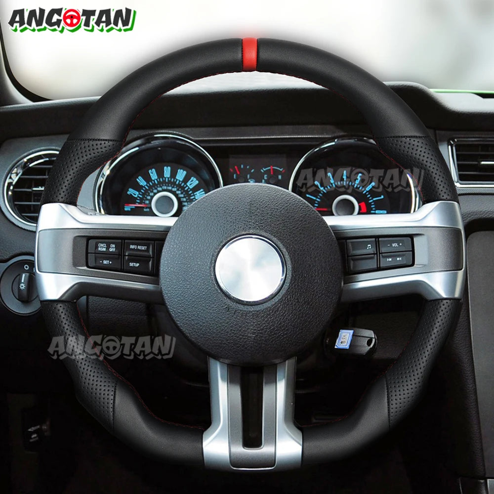 For Ford Mustang Steering Wheel 2012-2014 GT500 Black Smooth Leather Steering Wheel D-shaped Perfoated Leather Steering Wheel