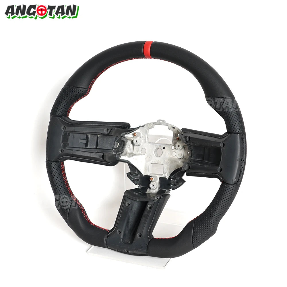 For Ford Mustang Steering Wheel 2012-2014 GT500 Black Smooth Leather Steering Wheel D-shaped Perfoated Leather Steering Wheel