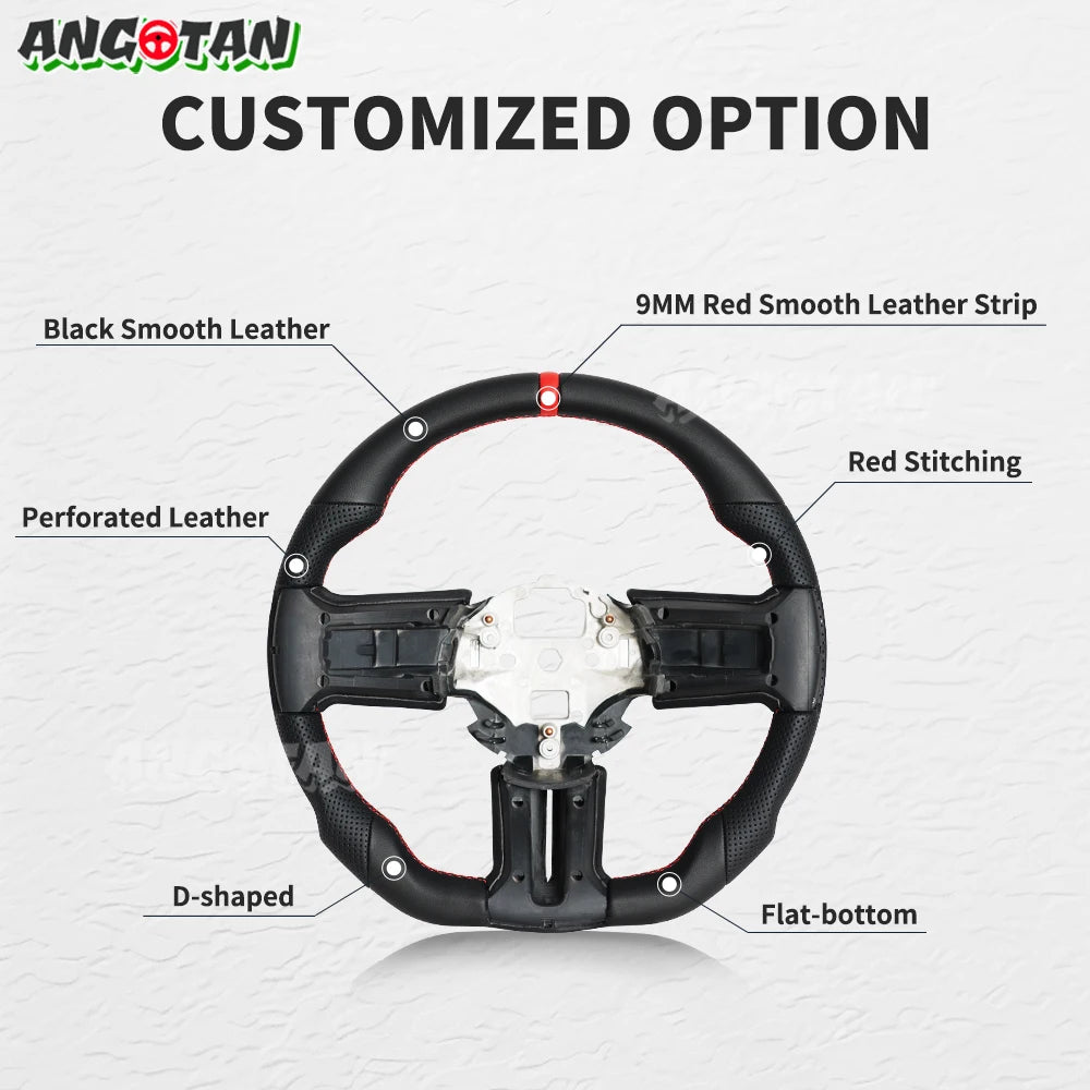 For Ford Mustang Steering Wheel 2012-2014 GT500 Black Smooth Leather Steering Wheel D-shaped Perfoated Leather Steering Wheel
