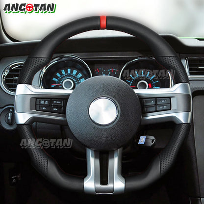 For Ford Mustang Steering Wheel 2012-2014 GT500 Black Smooth Leather Steering Wheel D-shaped Perfoated Leather Steering Wheel